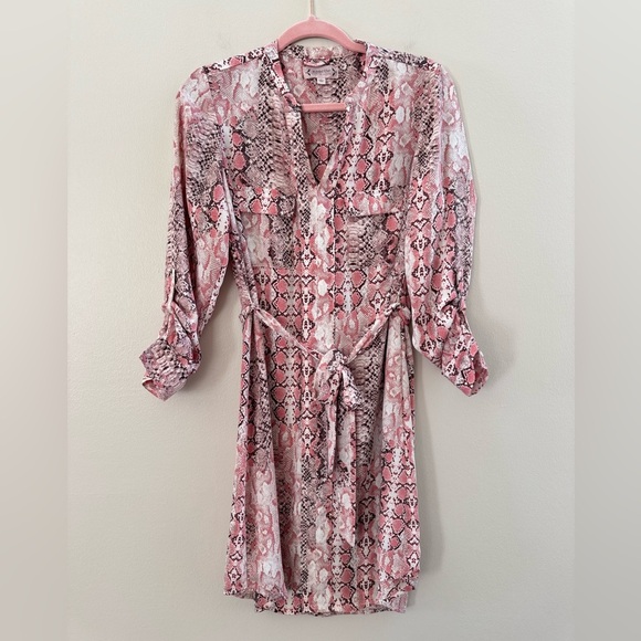 Nanette Lepore Pink Python Print Casual Long Sleeve Tie Waist Blouse Dress Size4 - Picture 1 of 8